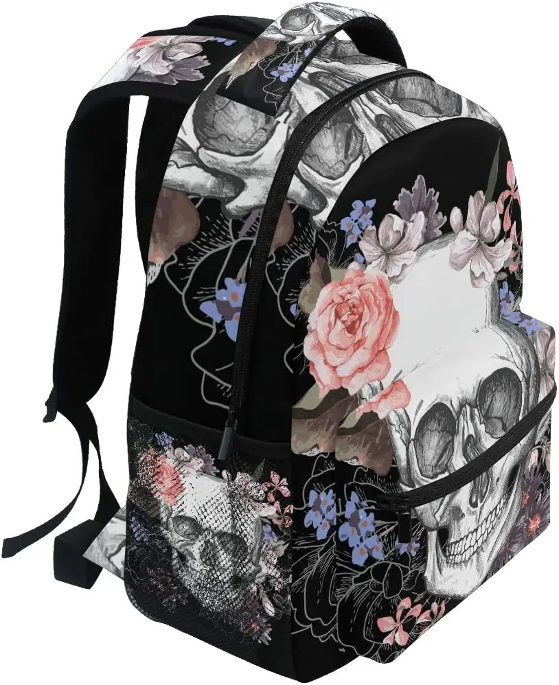 Sugar Skull Skeleton Backpacks for Girls Kids Boys Rose Flowers School Book Bags Waterproof Student Laptop Backpack