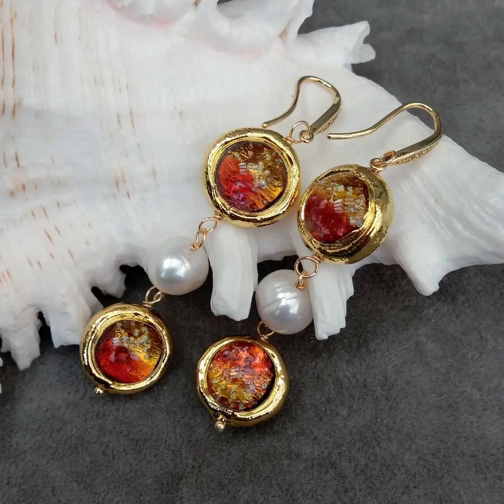 

KKGEM 16mm Brown Murano Glass 9-10mm Freshwater Cultured White Pearl Dangle Long Hook Earrings