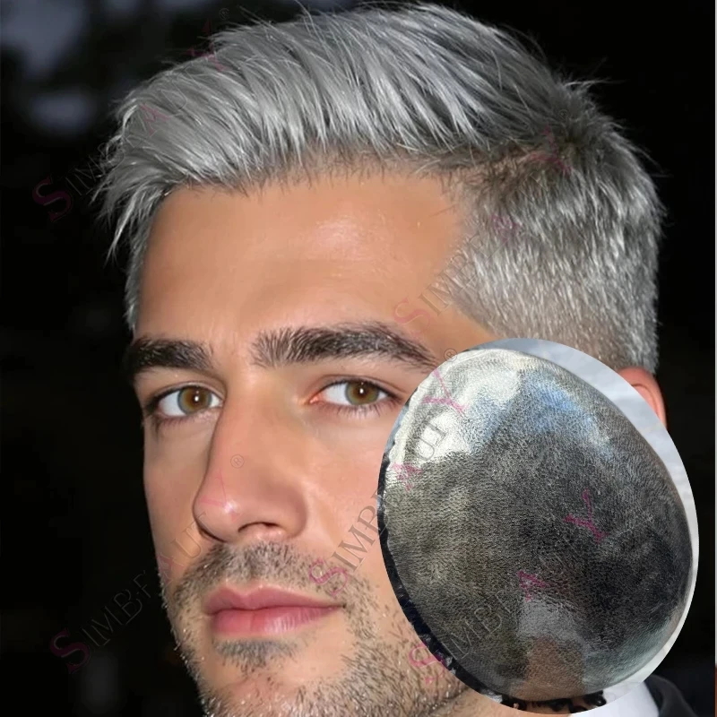 

Natural Hairline Brown Grey 1B80 1B50 Mens Toupee Super Durable Thin Skin Male Wig Human Hair Poly Microskin Capillary Prosthesi