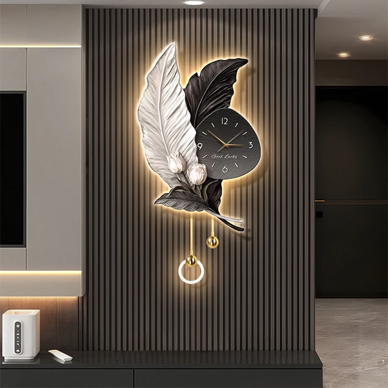 

Living Room Decoration Painting Hanging Clock Feather Design LED Clock Wall Watch High End Creativity Number Hanging Painting
