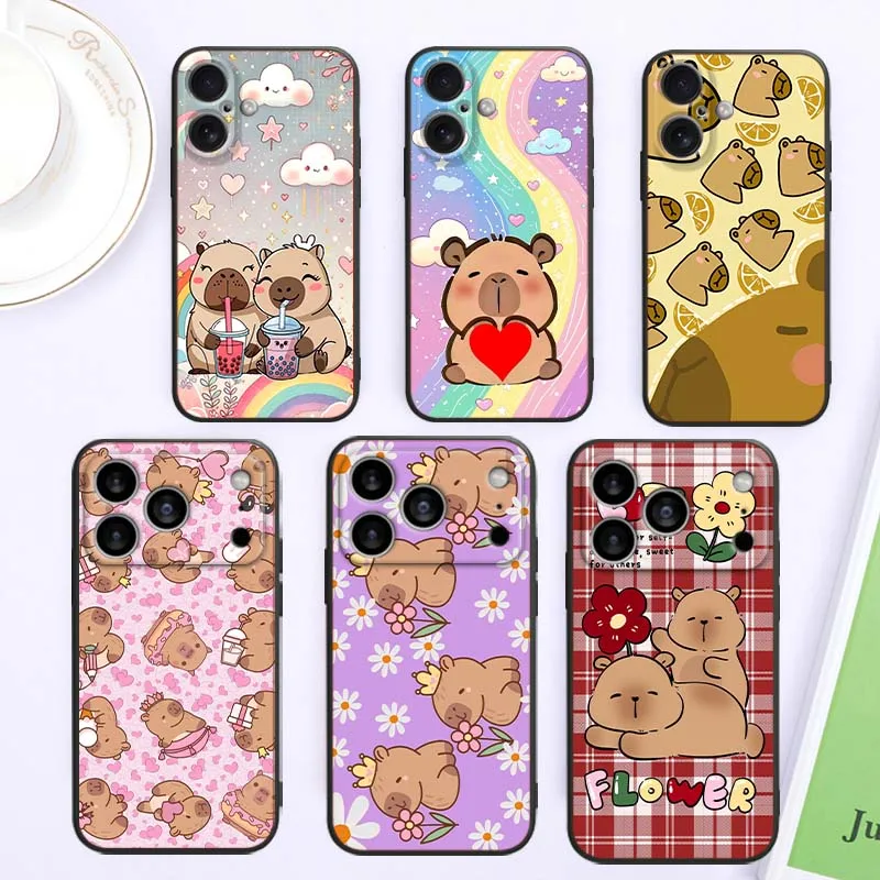 

Cute Capibala pattern Phone Case For Apple iPhone 17 16 16E 15 14 13 12 11 Pro Max Plus Air Black Soft Silicone Cover
