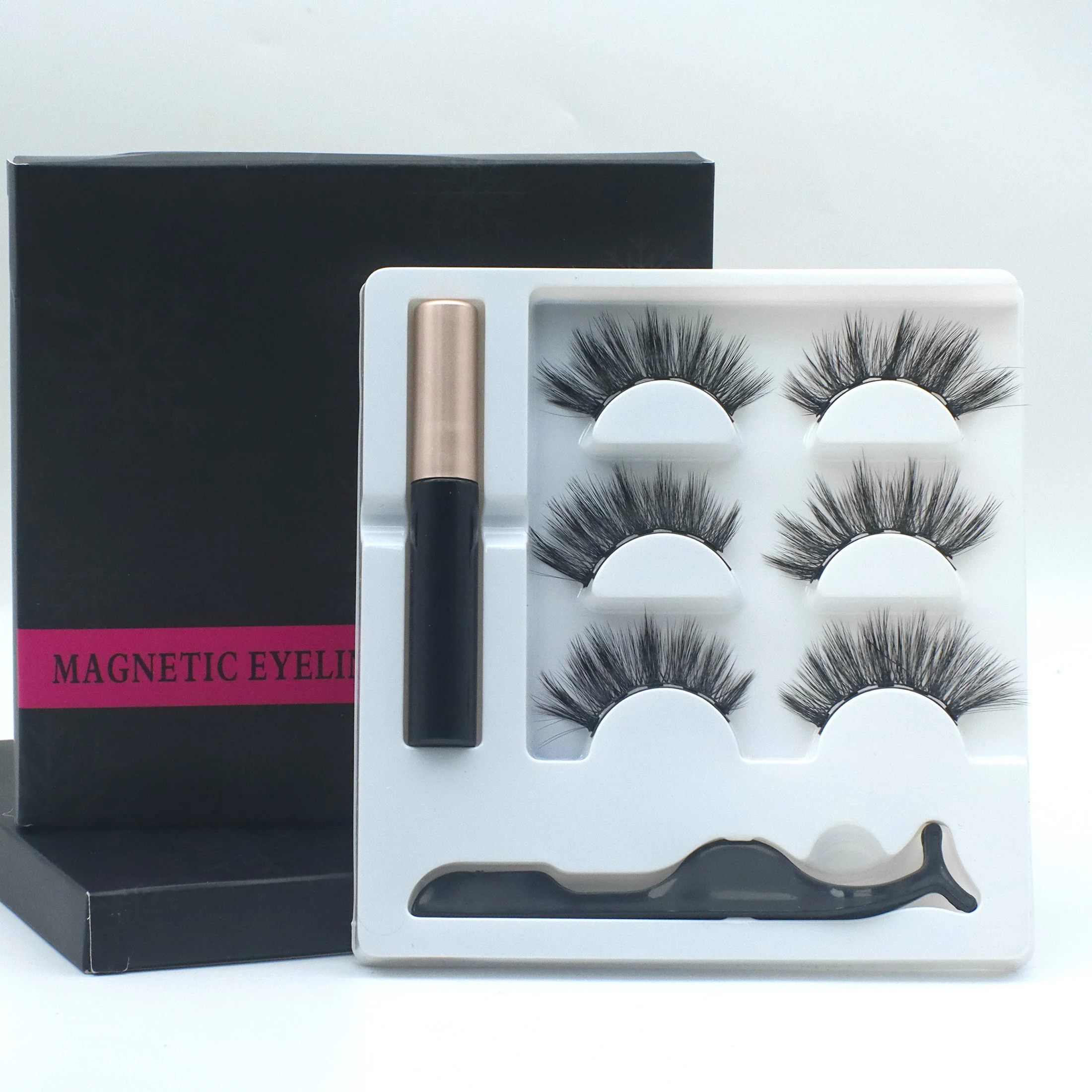 3쌍 마그네틱 속눈썹 아이라이너 족집게 세트 3D 속눈썹 자연스러운 인조 속눈썹 풍성하고 가벼운 볼륨