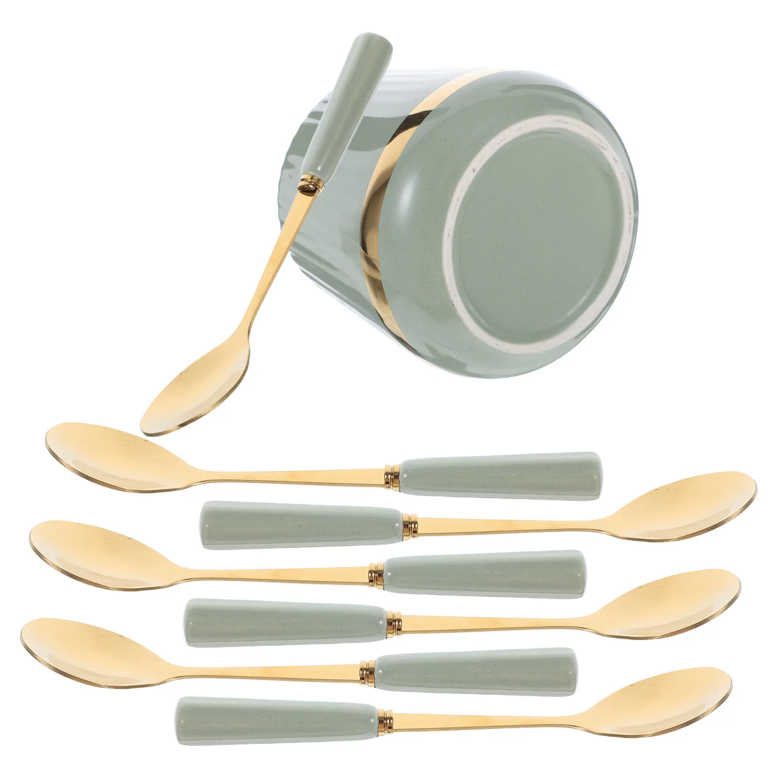 

7Pcs Elegant Stainless Steel Coffee Spoons Mini Dessert Spoons Light Green with Ceramic Jar Holder Creative Set