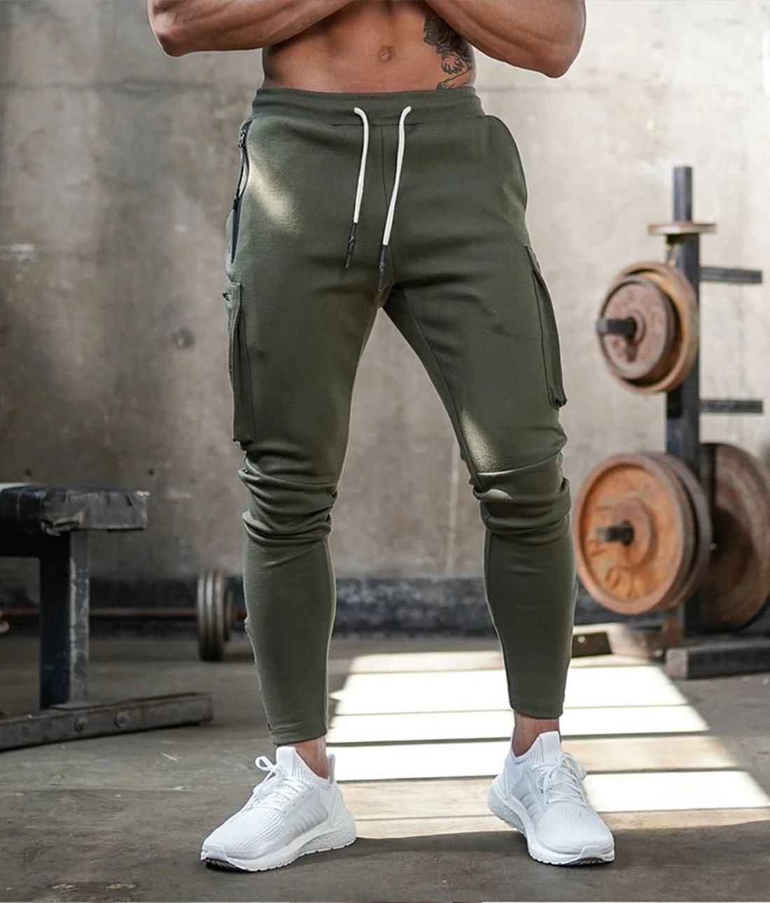 Mens Fitness Leggings Running Jogging Green Pants Joggers Streetwear Multi-pocket Trousers Sport Training Bottoms Sweatpants