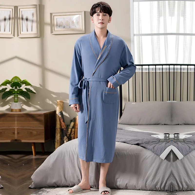 Terbaru musim dingin musim gugur kasual katun pria pakaian tidur halaman besar M-4XL sabuk jubah mandi elegan kamar mandi Spa lengan panjang jubah pria