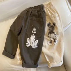 Spring Autumn Baby Boys Straight Pants New Kids Cartoon Mickey Mouse Embroidery Denim Pants Children Casual Trousers K2924