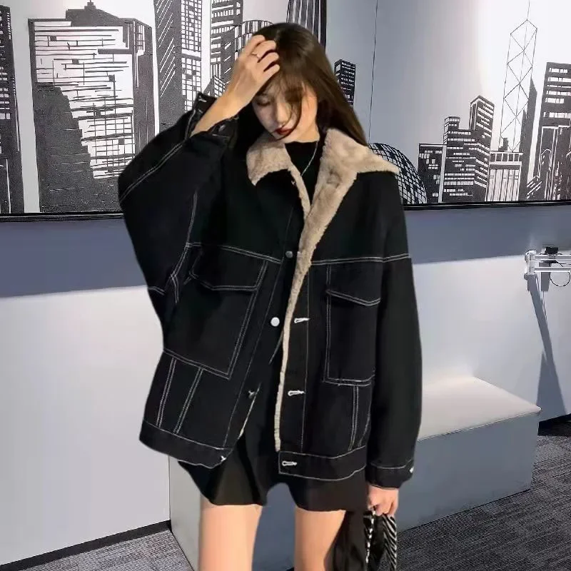 Korean Fashion Winter Women Coat Thick Warm Velvet Wool Casual Jacket Furry Padded Loose Cotton Padded Double Sided Lamb Outwear