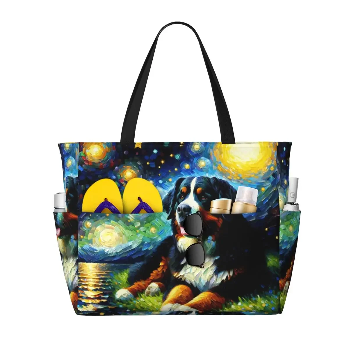 Starry Night Bernese Mountain Dog Van Gogh Lover Beach Tote Bag Sport Yoga Duffle Large Tote Bag Women Travel Bag Fitness bag