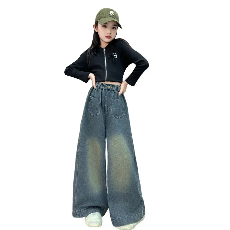 Girls Jeans Children\'s Clothing Spring Autumn Teenager Kids Denim Pants 8 10 12 13 14 Years Wide-leg Trousers School Girls Jeans