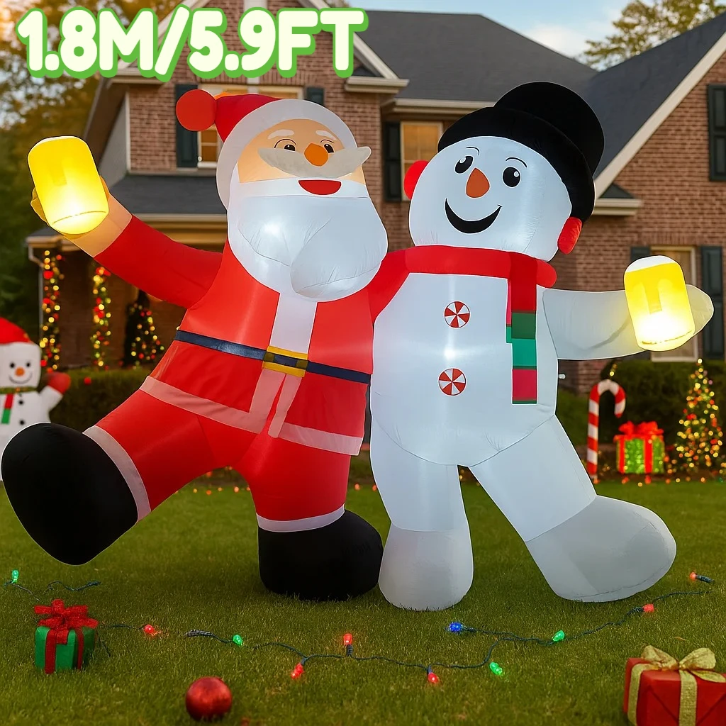 1.8M/5.9FT Inflatable Santa Claus and Snowman  Lights LED Home Decorations Toys Yard Xmas Holiday Supplies Outdoor Lawn Decor
