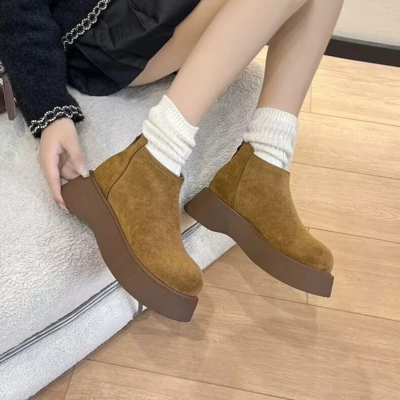 

2025 New Round Toe Mid Heel Novelty Modern Boots Winter Slip-on Ladies Shoes Ankle Flat with Sewing Women's Boots женские сапоги