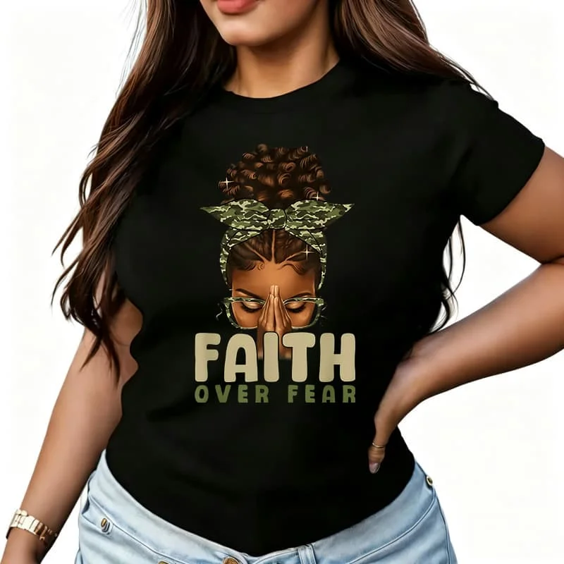 Ear Christian Camo African American Afro Women's T-Shirt 100% Cotton Funny Graphic Short Sleeve Tee Novelty Shirt Casual Crew Neck Top S-5Xl