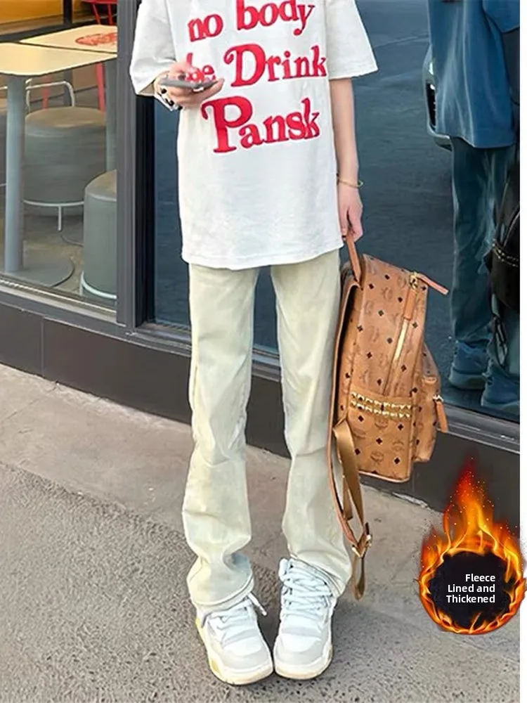 

Прямые джинсы с высокой талией, женские ретро американские модные брендовые светло-желтые утягивающие джинсы на подкладке цвета грязи