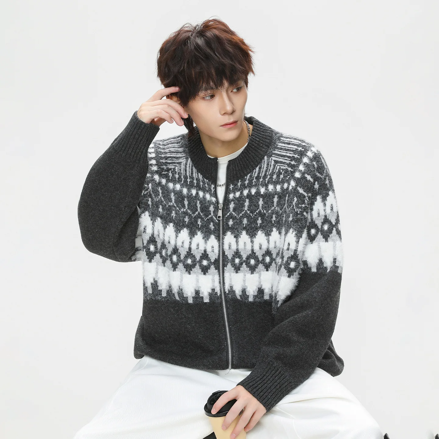 

Кардиган Fair Isle, свитер, мужской осенне-зимний текстурированный свитер в стиле ретро из искусственной норковой шерсти, куртка