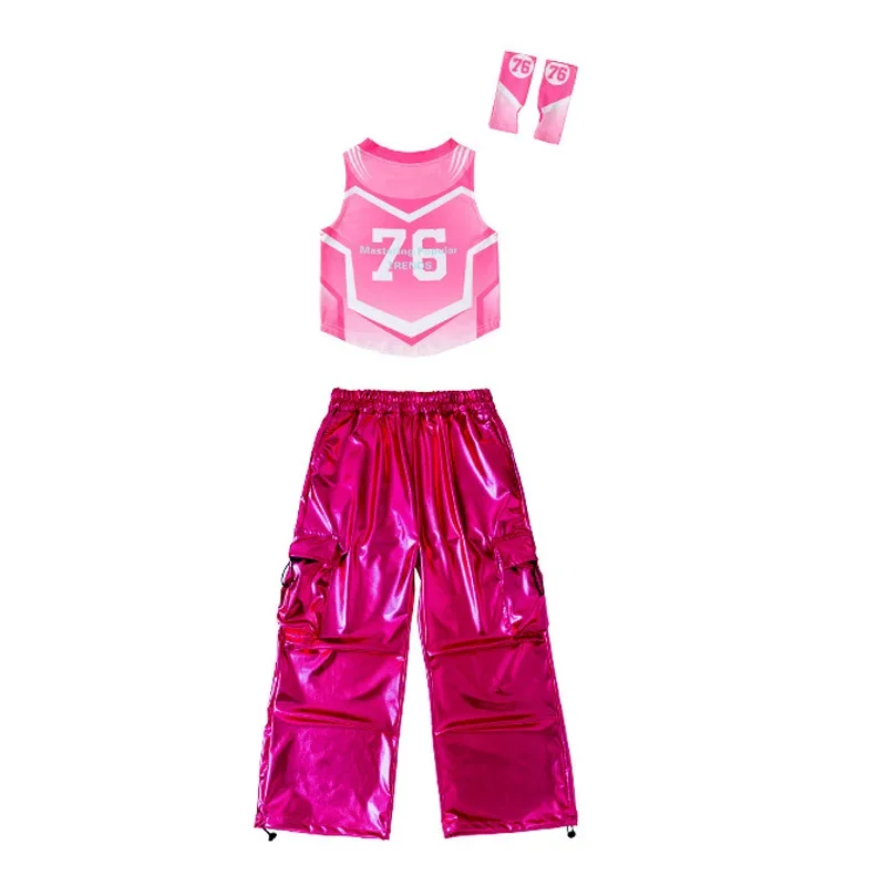 Mädchen Hip Hop Set Rosa Ärmellose Weste Glänzende PU Leder Cargo Hosen Street Dance Für Kinder Streetwear Kind Jazz Kleidung