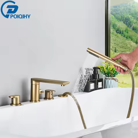 Brushed Golden Bathtub Faucet Deck Mounted Tub Mixer Tap Rotating Spout Bath Shower Set with Handshower Head Bathroom Mixer Tap