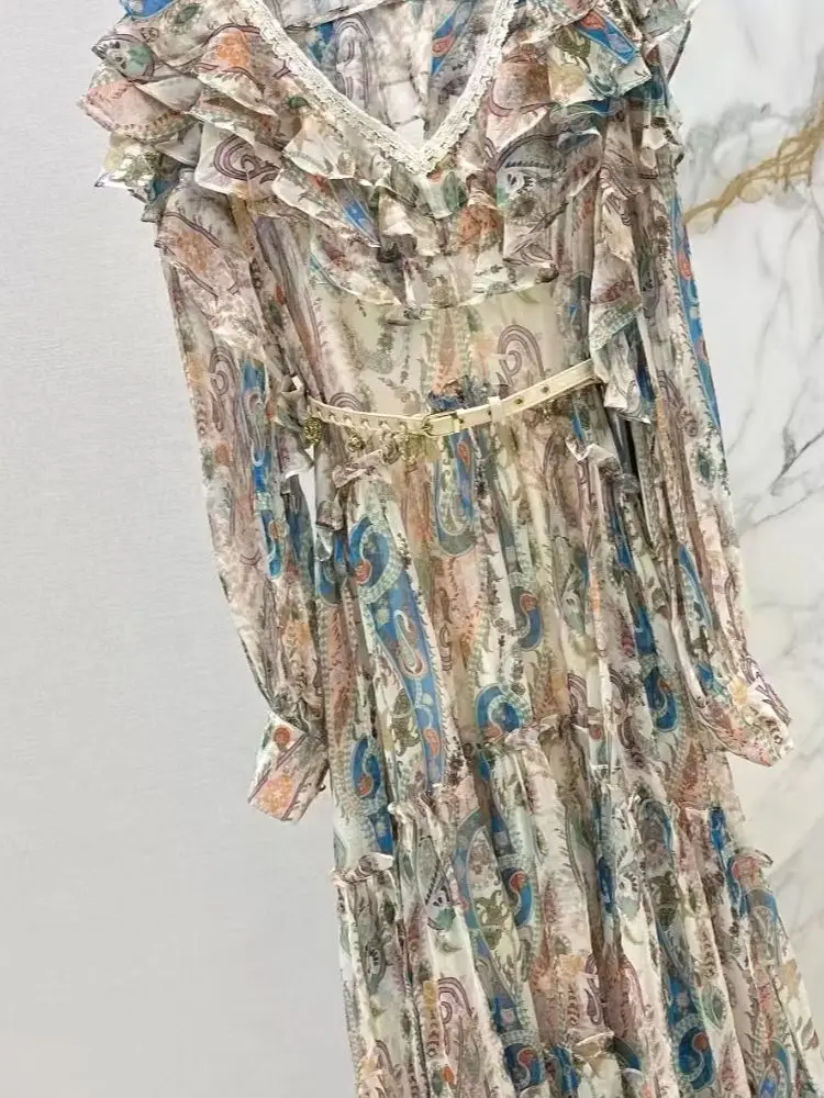 2026 nieuwe lente/zomermode V-hals kantjurk met ruches en cashewbloemenprint, taille-aansluitend, lange taartrok voor dames - afbeelding 2