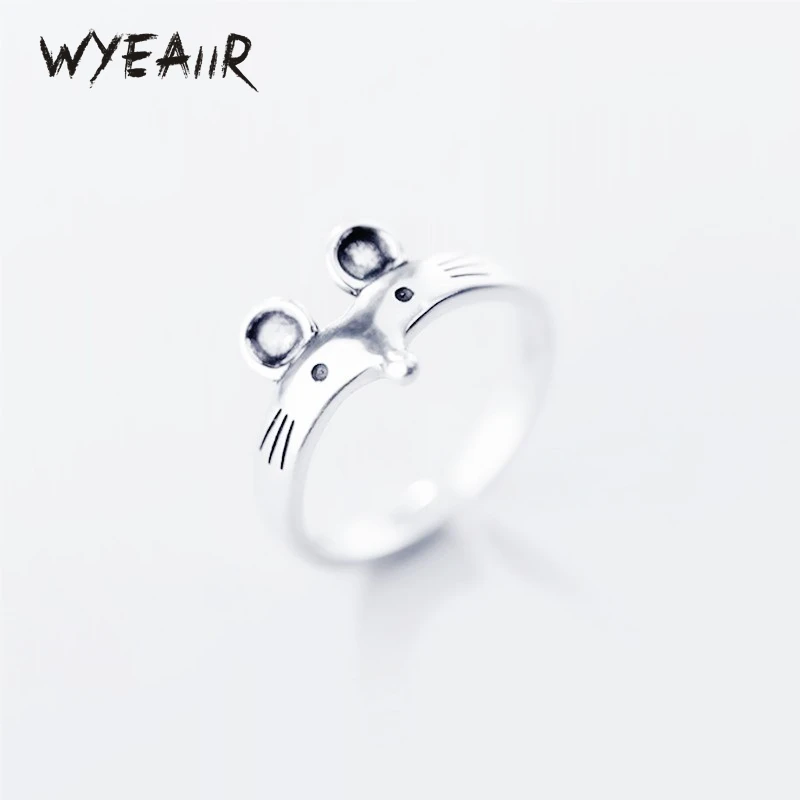 WYEAIIR 925 Sterling Silver Rat Year Zodiac Sign Mouse Fine Jewelry Luxury Resizable Opening Female Ring