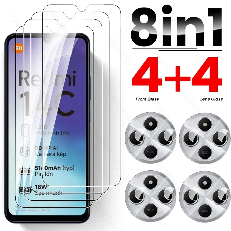 Redmi14C 4G Case 8 In 1 Tempered Glass For Xiaomi Redmi 14C 4G Camera Screen Protectors on Redmy Readmi 14C 14 C C14 4G NFC 2024