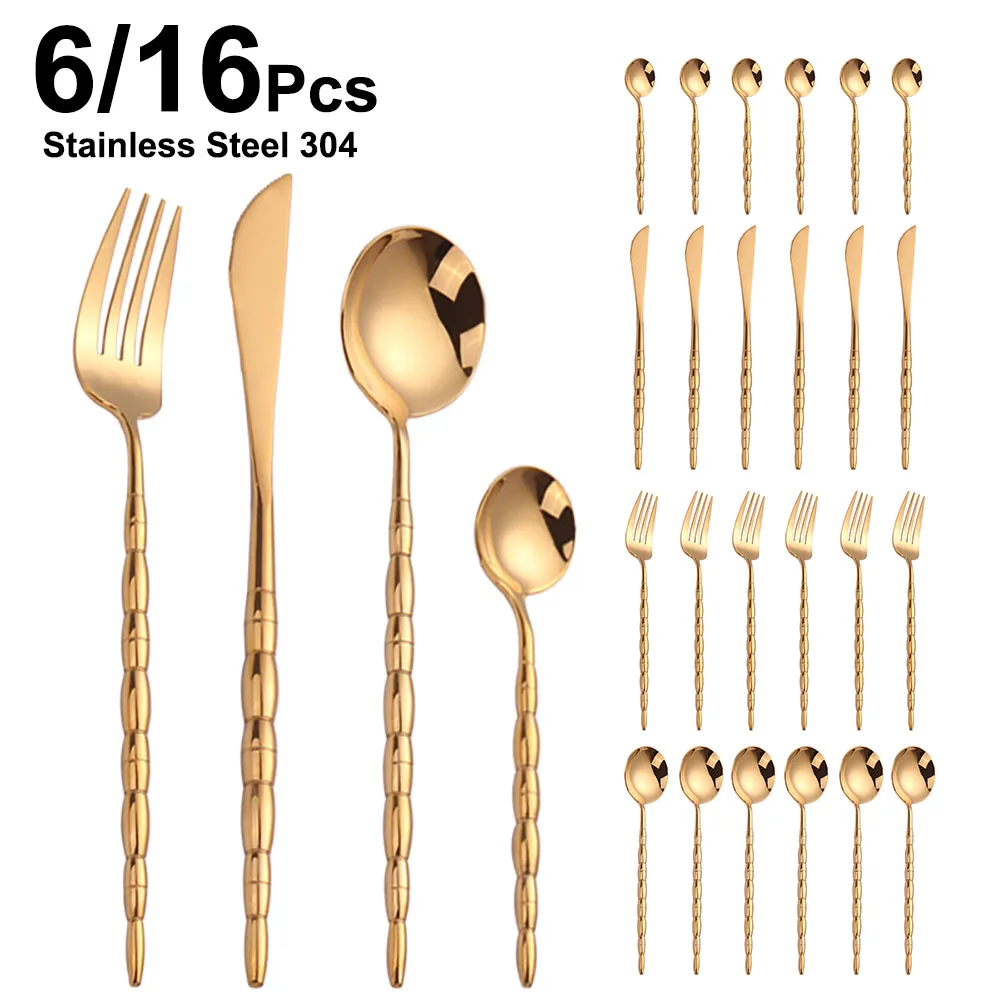 6/16Pcs Gold Tableware Stainless Steel 304 Cutlery Elegant Dinner Set Western Knife Fork Spoon Bead Shaped Handle Flatware