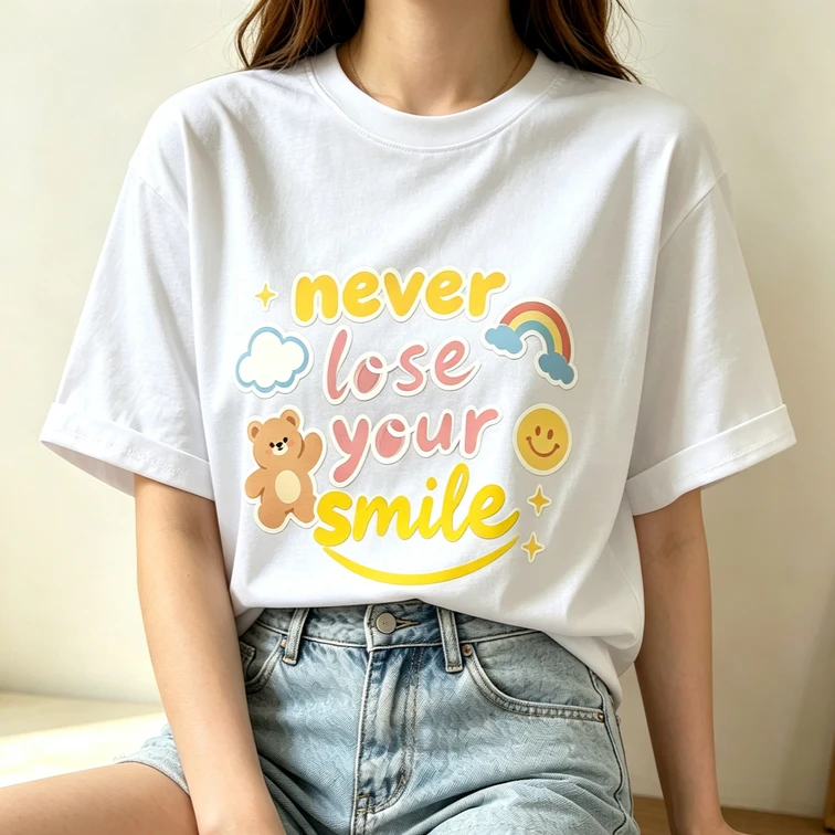 Cute Cartoon Bear Rainbow Graphic T Shirt for Women Never Lose Your Smile Positive Vibe Soft Cotton Summer Streetwear Tee Y2k
