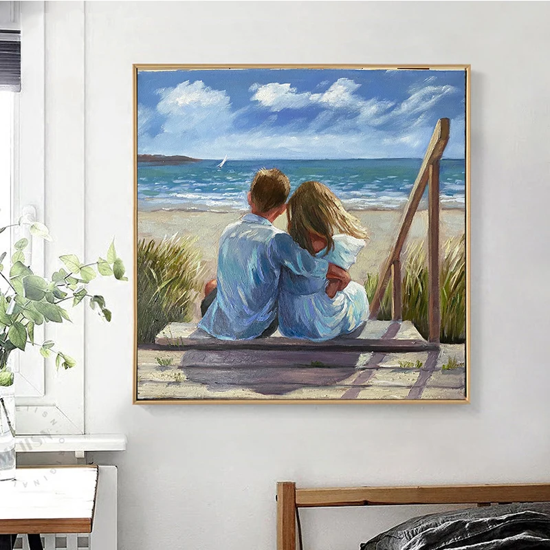 

Seaside Hand In Hand Boys Girls Canvas Prints Cute Children Figure Oil Painting Square Painting with Frame for Home Decoration