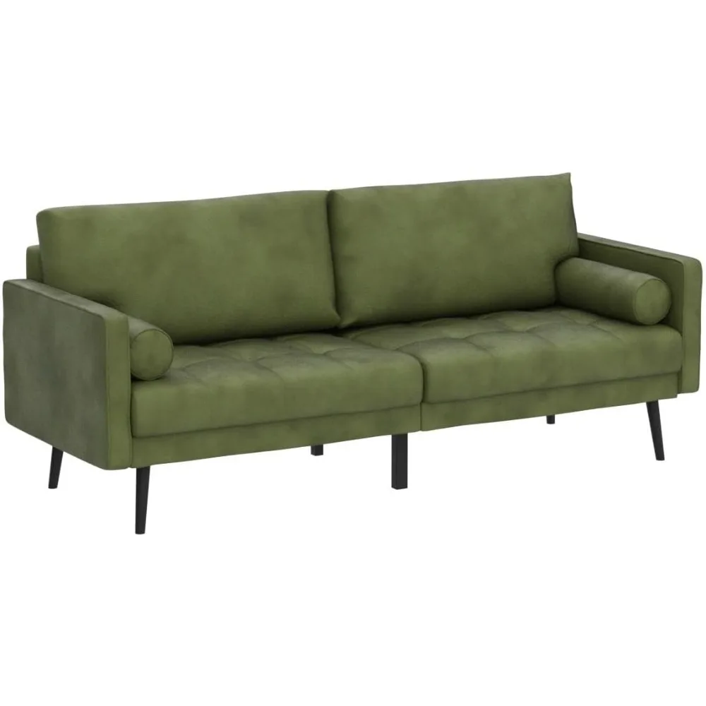 Mid Century Modern Craftsmanship 73 inch 3-Seater Sofa with Comfy Tufted Back Cushions and 2 Bolster Pillows, Elegant Green