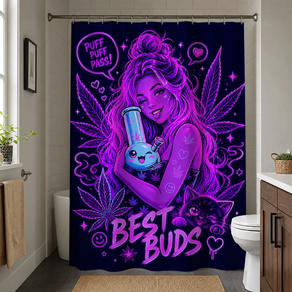 Trendy Psychedelic Best Buds Woman Vape Shower Curtain Liner Bathroom Wall Decor Funny Hipster Purple Smoking Puff Pass Aestheti
