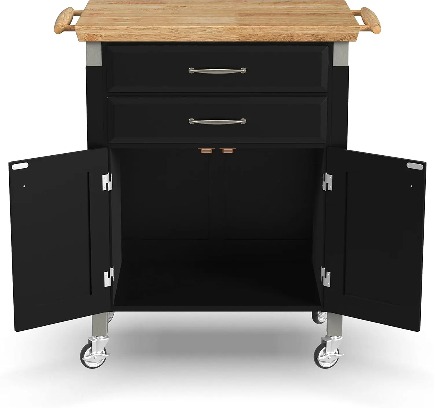 Black Dolly Madison Prep and Serve Kitchen Cart with Natural Top, Locking Casters, Two Drawers, Two Storage Cabinets