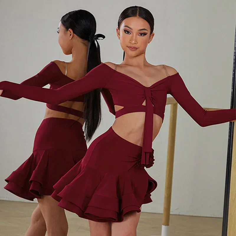 Latin Dance set Clothes Girls Long SLeeves Short Top Skirt Cha cha samba Performance Competition Dress Burgundy Black Dress Kids