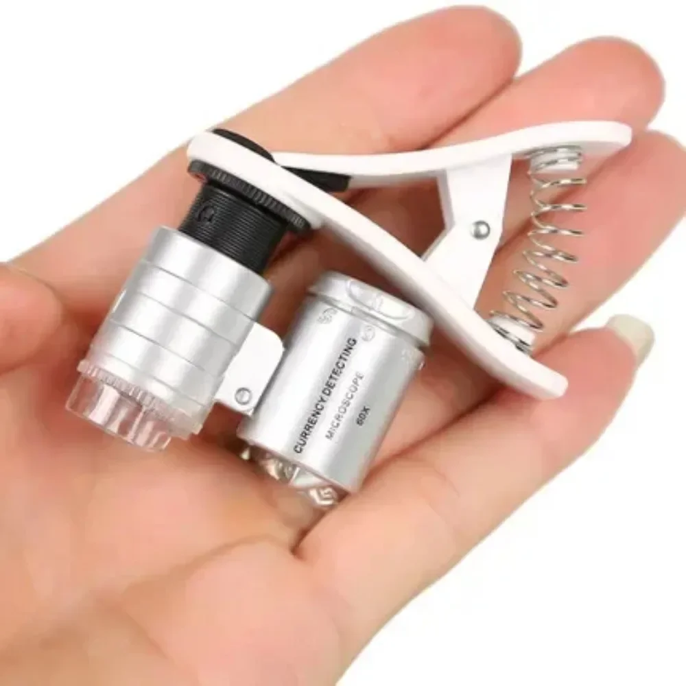 Universal Clip Microscope 60X LED Jewelry Magnifying Glass Focusing Adjusted Pocket Microscope with Cell Phone Clip UV Light