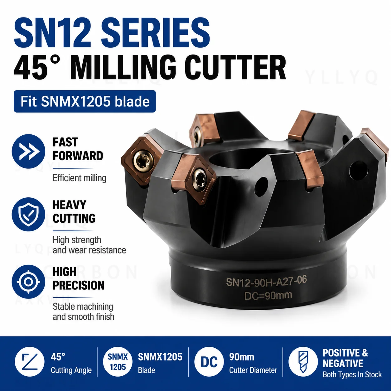 45 Degree High Feed Face Milling Cutter Head for SNMX1205 Double Sided 8 Edge Inserts Low Resistance Roughing Tool
