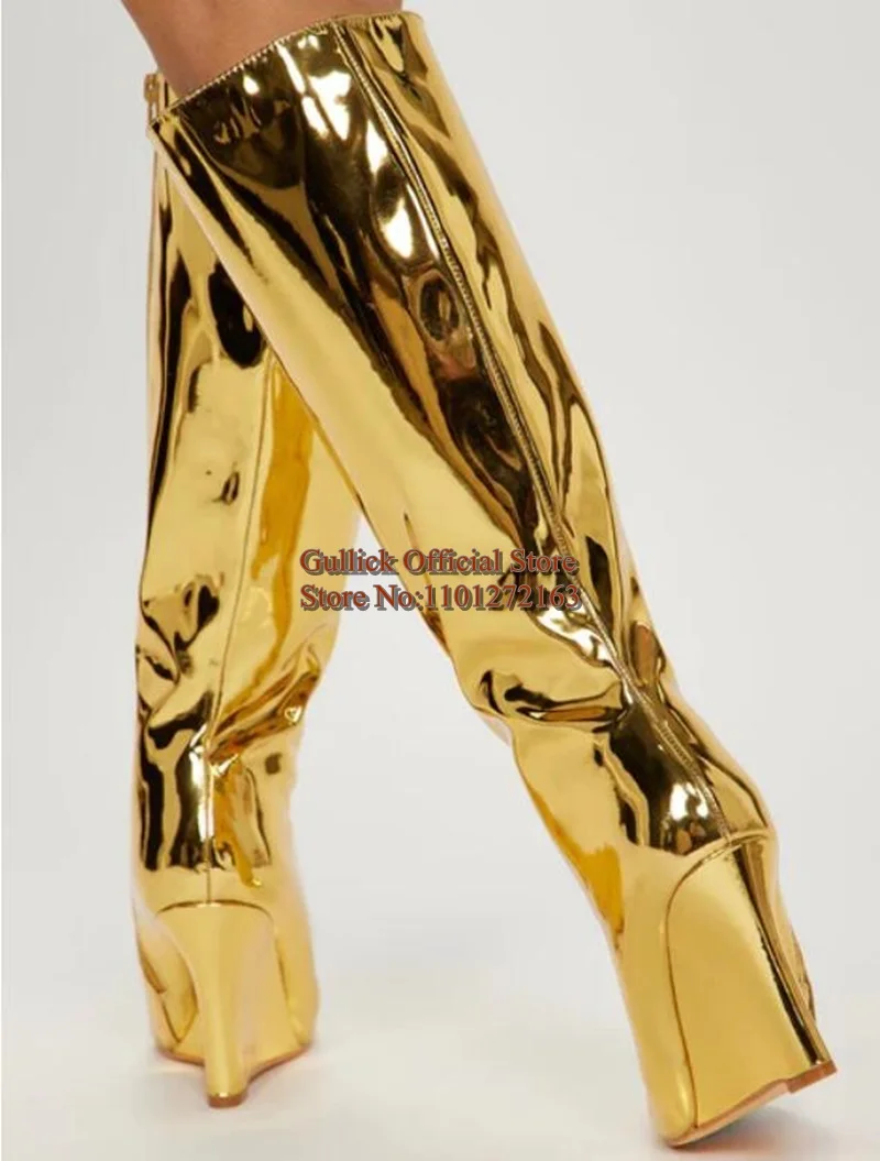 Gold Mirror Leather Women Wedge Boots Pointed Toe Zipper Metallic Height Increasing Knee High Boot Fashion Winter Shoes