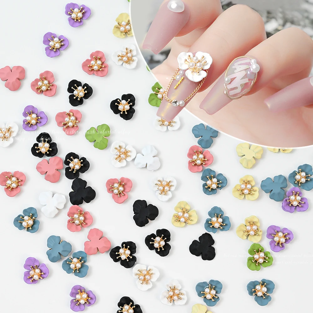 10pcs 3D Colorful Pearl Flower Nail Charms 3D Three Petal Flower Retro Matte Nail Rhinestone 1.2x1.2cm Metal Stamen Nail Jewelry