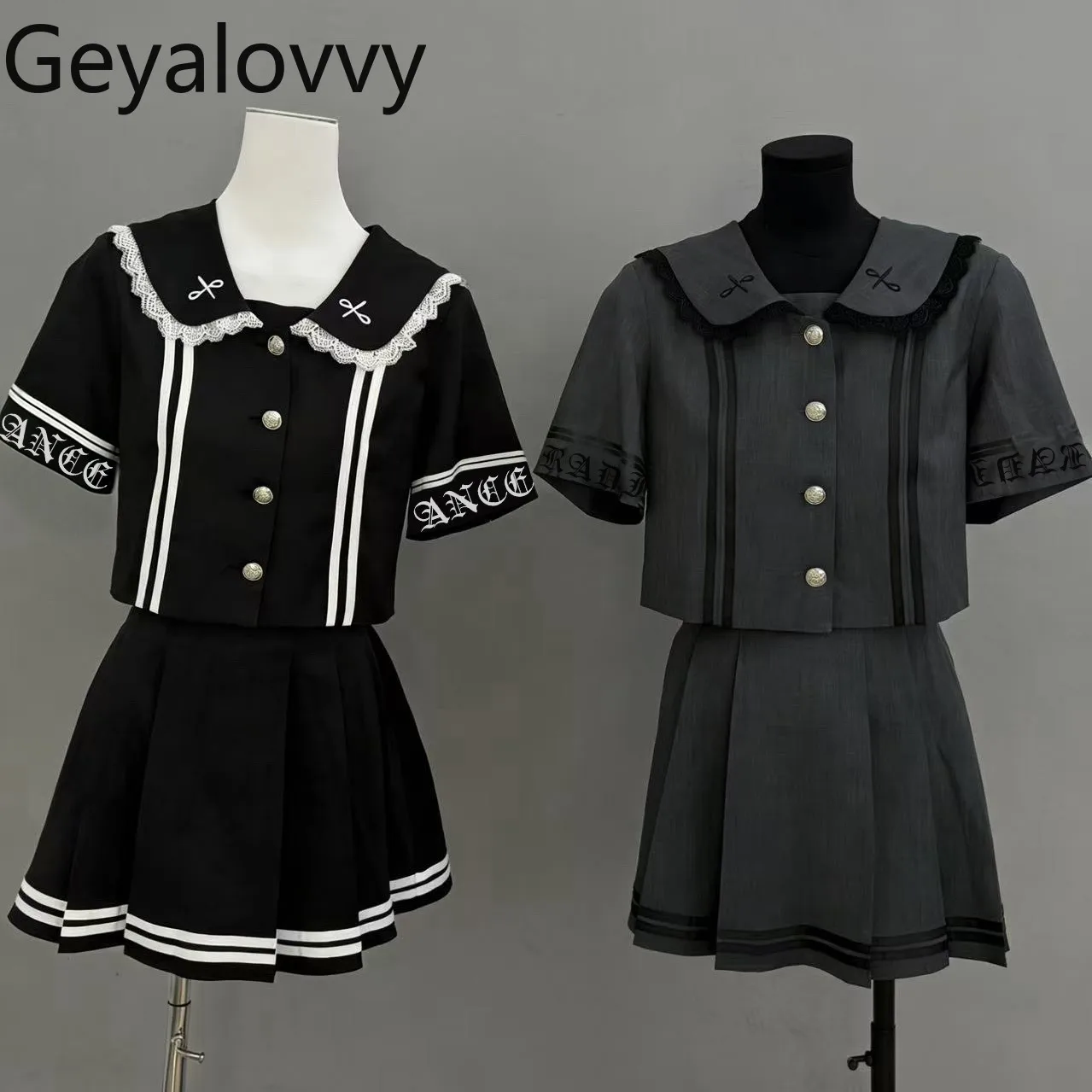 

Original Japanese Navy Collar Sailor Uniform Subculture Embroidered Button-down Top and High-waisted Pleated Skirt Two-piece Set