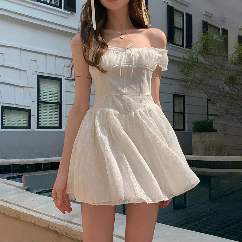 New Summer Chic White Woman Dress Fairy Sweet Lace Princess vestido Female Y2K luxury mini Fish Bone party sling Dresses Mujer