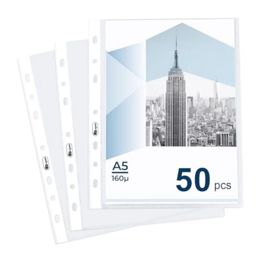 Folha protetora de 50 páginas, vidro não brilhantea5, bolso Puhed transparente, 160 mícrons, mangas resistentes, reforçadas, 7 furos, parte superior acidificada l