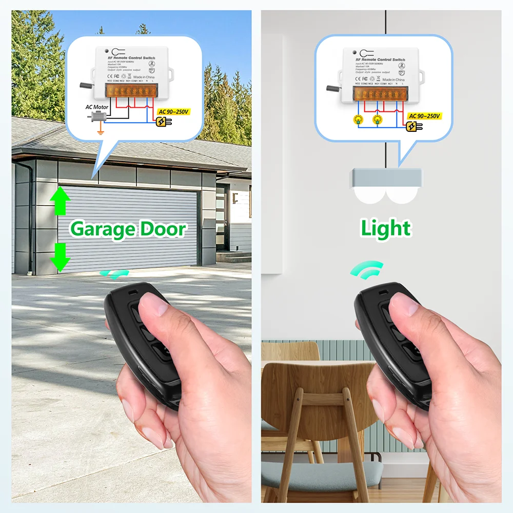 433Mhz Wireless Remote Control Switch Relay 220V 2 channels Receiver AC DC Transmitter for Motor Garage Door Gate Curtain Light