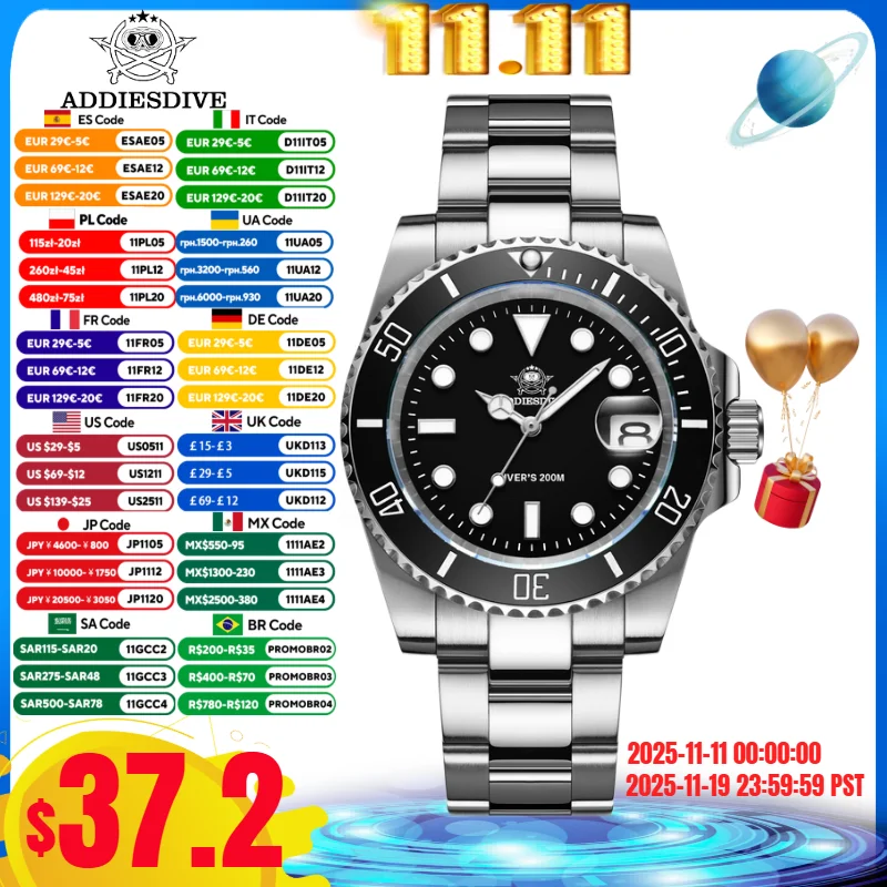 ADDIESDIVE Watch Men's Business Leisure 20Bar Waterproof Stainless Steel Outdoor Sports Quartz Watch Reloj Hombre