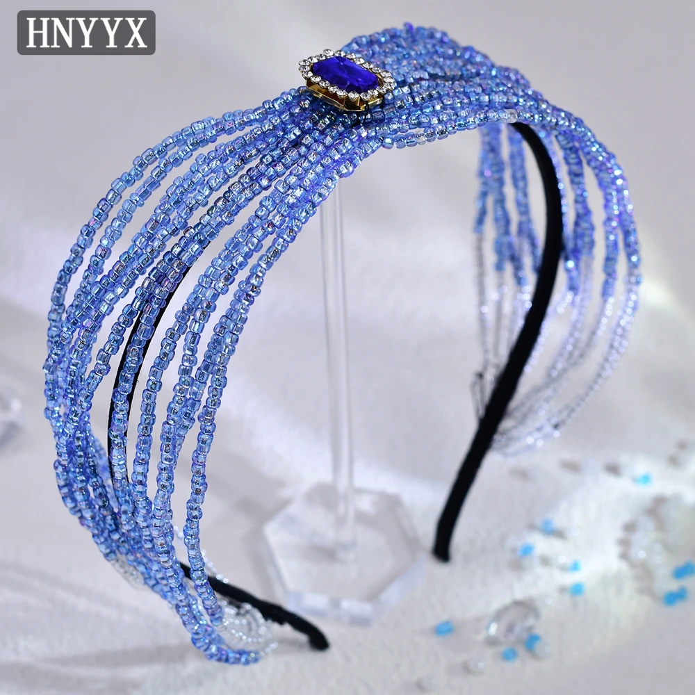 HNYYX Blue Rhinestone Beaded For Women Hair Hoop Baroque Girls Fashion Full Crystal Hair Accessories Wedding Headband A163