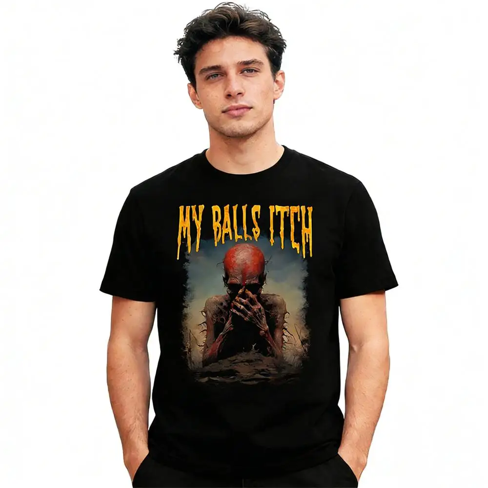 Funny My Balls Itch Meme Skeleton Graphic T-Shirt Men's Gothic Dark Horror Tee Men's And Women's Casual Oversized Streetwear