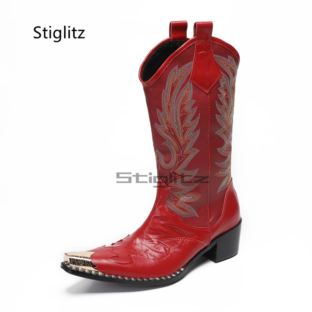 Totem Embroidery Western Cowboy Boots for Men Red Retro Mid-Calf Boots 6Cm Pointed Toes Men's Shoes Genuine Leather Winter Boots