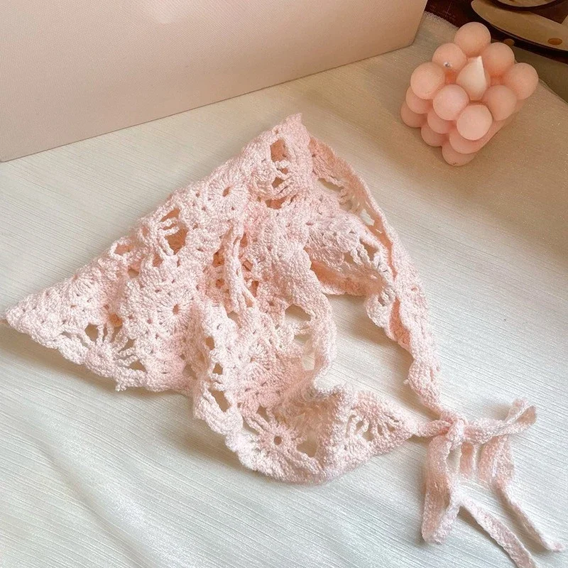 Модный вязаный платок, шапка во французском пасторальном стиле, треугольная повязка на голову, вязаная крючком повязка на голову ручной работы, полотенце, головной платок с цветком в стиле ретро