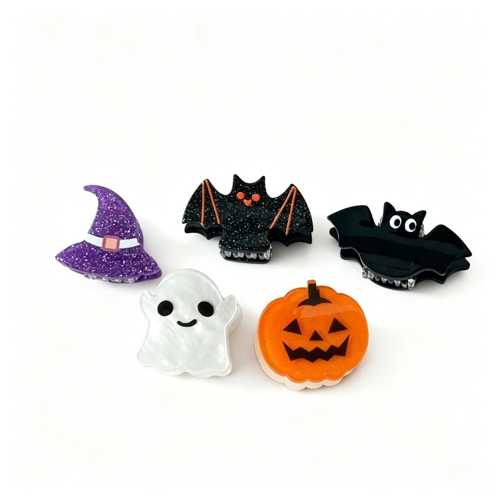 1Pc Black Cat Ghost Halloween Hair Clips, Pumpkin Spider Acrylic Hairpins for Women, Party Hair Accessories No Damage