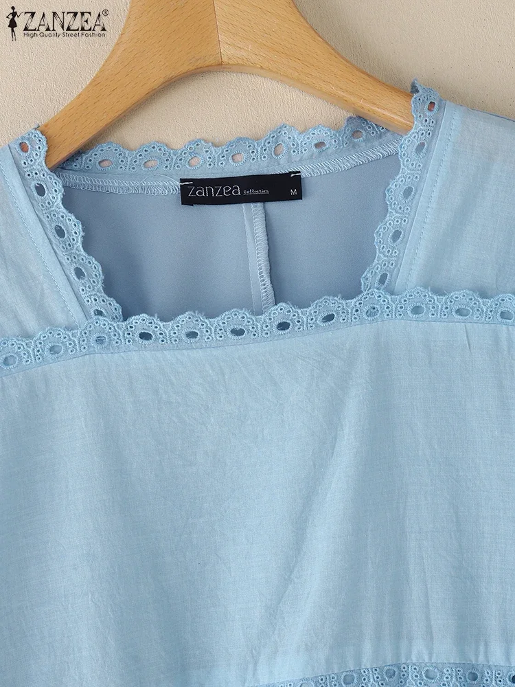 ZANZEA Elegant Openwork Embroidery Blusas Mujer Square neck Lace-Trim Solid Womens Blouses Street Fashion 3/4 Puff Sleeve Tops