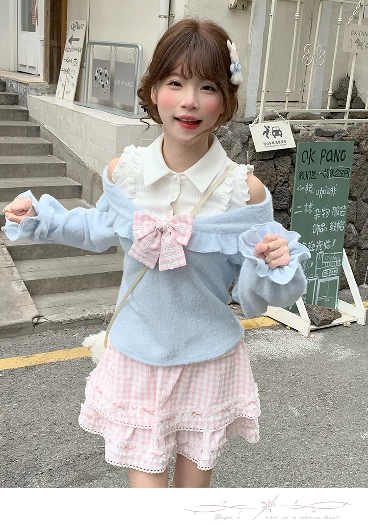Pink Blue Bow Ruffle Two Piece Outfit Sweet Girl Blue Off-the-shoulder Plush Knitted Top + Pink and White Plaid Cake Skirt