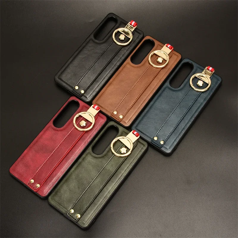 Luxury Wristband Leather Stand Case for Sony Xperia 1 10 VI 5 V IV III With Ring Opener Coque Fundas Capa