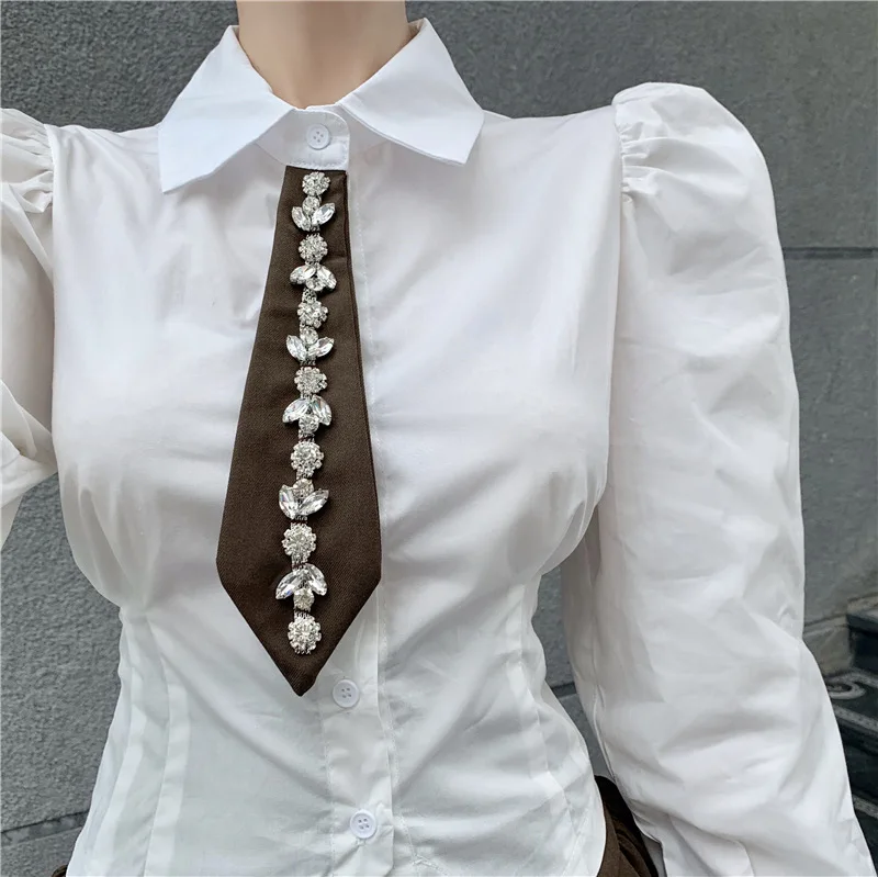 Women's Clothing 2026 Spring Fashion Puff Sleeve Blouses Top Women Chic Hotfix Resin Necktie Short Shirts Women's Shirt SL301