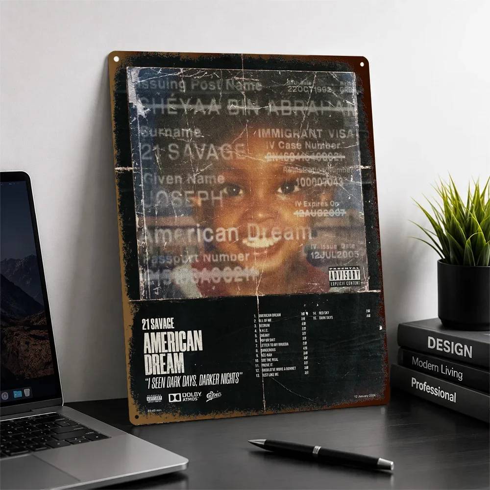 21 Savage American Dream Album Cover Textured Poster Personalized Metal Tin Sign Striking Lyrical Legend Wall Art For Rap Fans
