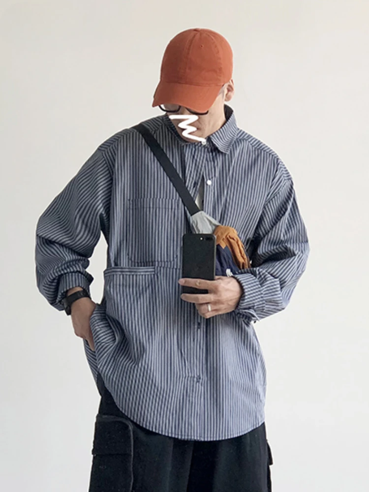 Striped Shirts Men Japanese Style Pockets Baggy Vintage Casual Long Sleeve All-match High Street Hipster Fashion Clothing Spring